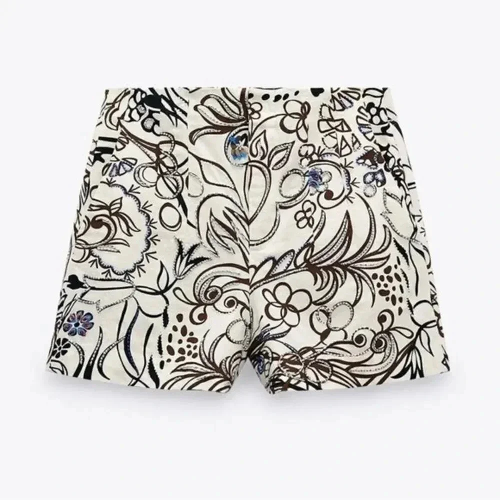 ZARA Ecru Printed Jewel High Waisted Shorts Women's Size Small